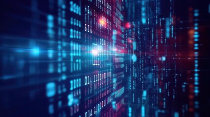 Fototapeta premium Layers of floating binary digits intertwined in a vast digital matrix, front view, showing the interconnectedness of data, advanced tone, Splitcomplementary color scheme