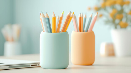 Fototapeta premium Enhance your workspace with neatly organized pastel pencils and sleek decor. Create a calm and productive environment that inspires creativity and fosters a sense of modern elegance.