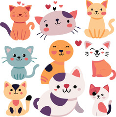 Obraz premium Cute Cartoon Cats Collection Happy Animal Design