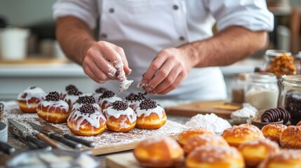 A chef is decorating donuts with chocolate sprinkles and white icing.