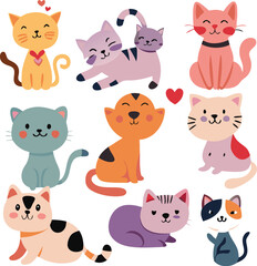 Cute Cartoon Cats Collection Colorful Illustration