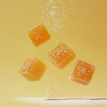Delicious orange gummies floating in sugar create playful scene
