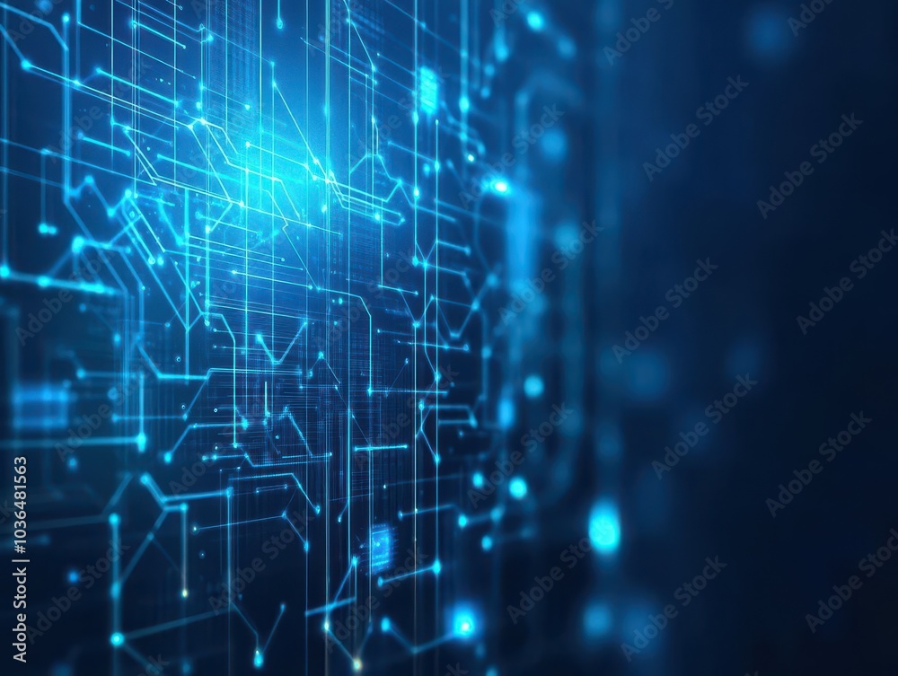 Poster Neural network, digital circuits, abstract tech lines, deep blue glow, futuristic big data design