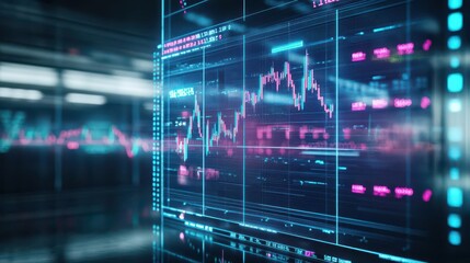 Neon futuristic stock chart displayed on glass screen, bright buysell markers, futuristic,neon,glass effect,photorealistic