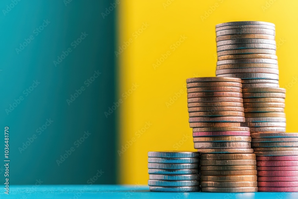 Poster Pile of stacked coins with percentage signs flat design side view interest rates theme animation Splitcomplementary color scheme