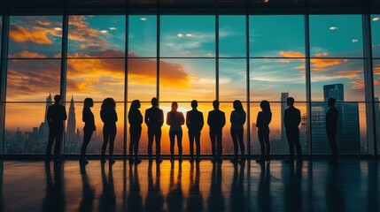 Silhouettes of a group of businesspeople standing in front of a large window with a city skyline in the background,