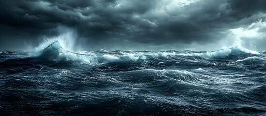 Obraz premium The ocean is rough and choppy, with waves crashing against the shore