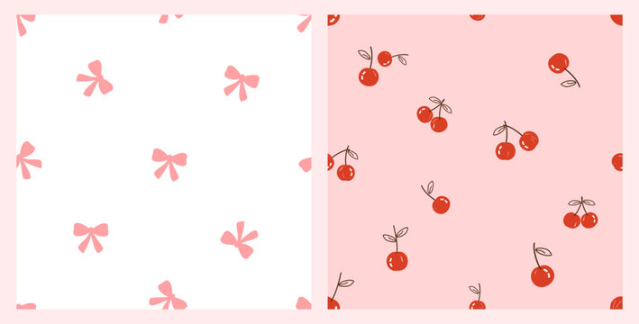 Fototapeta Seamless patterns with pink ribbon bow and red cherry fruit on white and pink backgrounds vector.