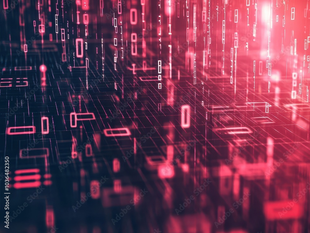 Fototapete red binary codes streaming downward like rain, top view, representing highspeed data flow, technolog