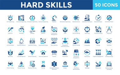 Hard Skills icon set with aerospace engineering, chemical engineering, robotics, biomedical engineering, material science, laboratory techniques, electronics repair icon. Simple flat vector 
