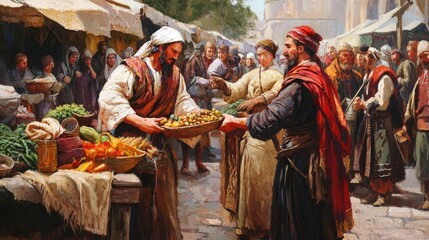 Barter system in an ancient marketplace, with two traders exchanging crops and handmade items. Lively medieval setting with a crowd. Historical economy concept for design and print.