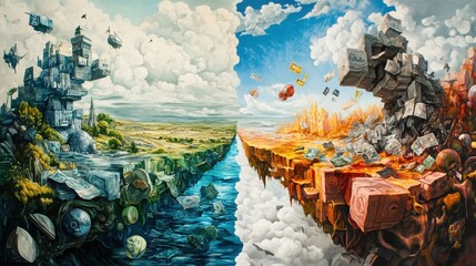 Surreal landscape divided between serene credit transactions and chaotic cash exchanges. Smooth forms and jagged shapes create a contrast between two halves. Abstract art concept for design and print