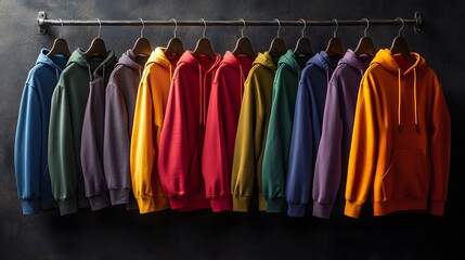 Hoodie mockup displayed in various colors hanging side by side