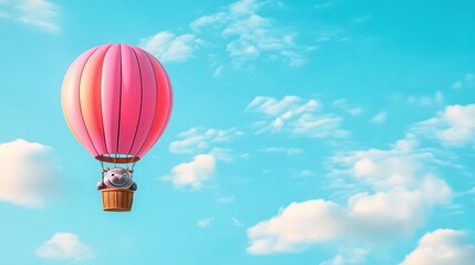 Naklejka premium Snarky baby hippo floating in a hot air balloon, 3D cartoon style with vibrant sky and clouds, playful expression