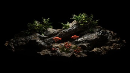 Two red fish swim in a dark aquarium decorated with rocks and plants.
