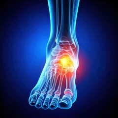 X-ray image of a human foot with highlighted joint pain area. front view.