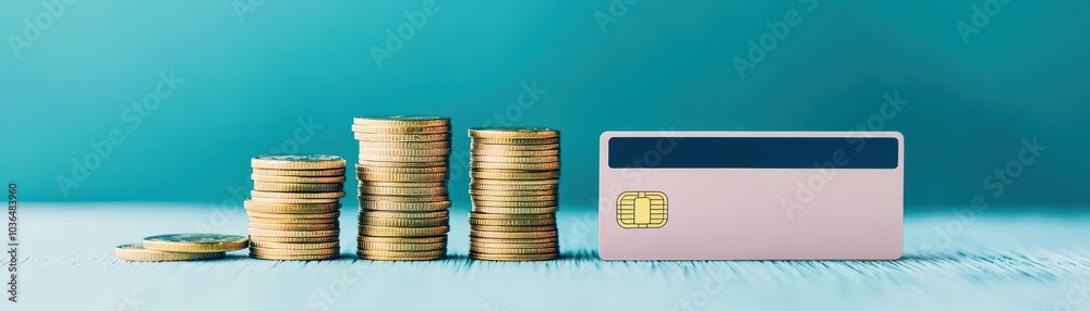 Poster Stack of coins next to a credit card flat design side view debt management theme cartoon drawing Complementary Color Scheme