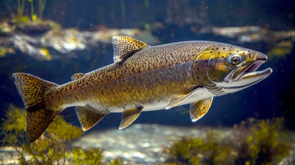 Fototapeta premium A close-up of a salmon swimming in a clear blue freshwater lake.
