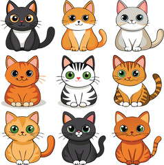 Nine Adorable Cartoon Cats in Various Poses