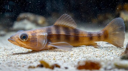 A close-up of a small, striped fish swimming on a sandy bottom.