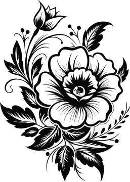 Floral tattoo design with poppy flowers, black ink on white, clean lines, vector illustration