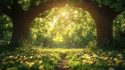 Obraz premium Sunlight filters through the trees in a serene forest glade during early morning hours with blooming flowers and lush greenery