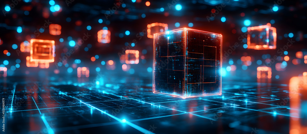 Wall mural a computer screen with a blue background and orange and red cubes