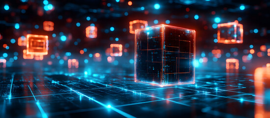 Obraz premium A computer screen with a blue background and orange and red cubes