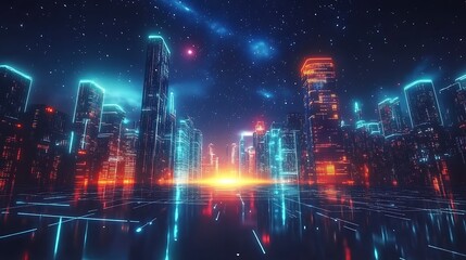 Obraz premium Neon Cityscape Under a Starry Sky
