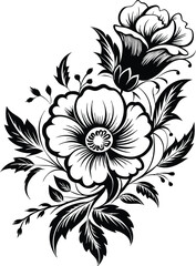 Floral tattoo design with poppy flowers, black ink on white, clean lines, vector illustration