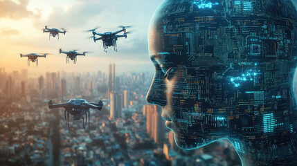 Robot heads, urban buildings, and drones