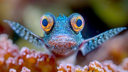 A close-up portrait of a blue and orange fish with large, prominent eyes,  swimming in a coral reef.