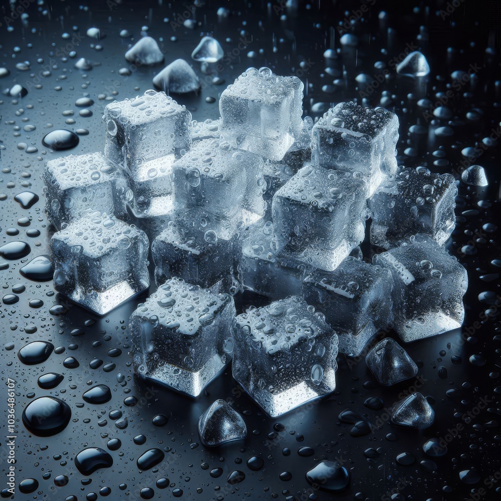 Wall mural scattered ice cubes on a dark glossy background in droplets of water. 3d illustration