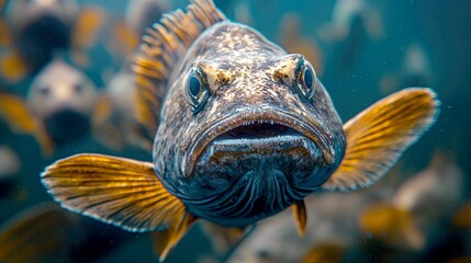 Obraz premium A close-up shot of a fish with its mouth open and a serious expression.