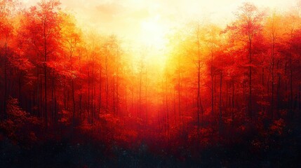Obraz premium Golden sunlight filters through vibrant autumn trees in a peaceful forest setting during sunset