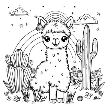  Coloring page for kids, a cute llama with a rainbow in the sky and a cactus background