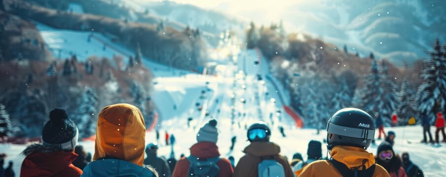 Spectators viewing snowboarding slopestyle, sports, thrill