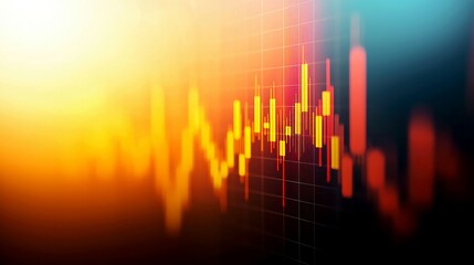 A close-up shot of a stock market chart with red and yellow bars. The chart shows a strong upward trend with a bright, glowing background.