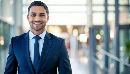 Fototapeta premium Smiling businessman at office. Generated image