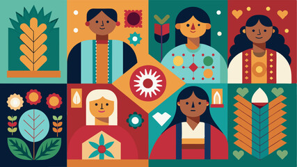 Local artists and craftsmen came together to create a unique and intricate quilt incorporating various mediums such as embroidery beadwork and weaving.. Vector illustration