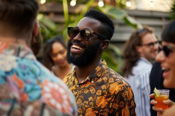 Group of diverse friends having fun together. Cheerful afro-american man in sunglasses holding a glass of orange juice.