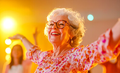 Joyful Senior Woman Dancing: A radiant senior woman with grey hair, wearing glasses and a pink floral blouse, dances with joy and exuberance at a party or event.