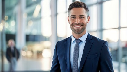 Smiling businessman at office. Generated image