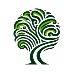 Abstract Green Swirling Tree Illustration with Artistic Twirls and Nature-Inspired Design on a Beige Background for Creative Projects and Environmental Themes