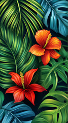 closeup nature view of green leaf and palms background. Flat lay, dark nature concept, tropical leaf
