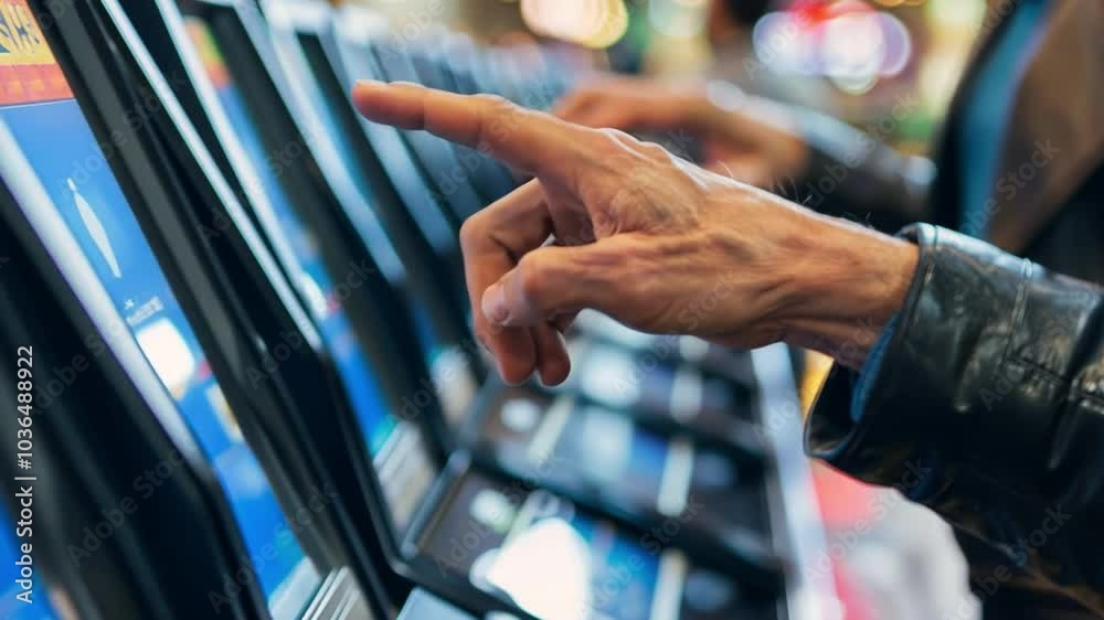 Poster individuals are engaged with touchscreens in a lively gaming arcade, illuminated by bright lights an