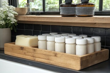Fototapeta premium A wooden box with various white bottles and a soap. The image is perfect for depicting a minimalist and organized bathroom or kitchen.