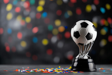 A soccer trophy with a black and white ball, set against a colorful confetti background.