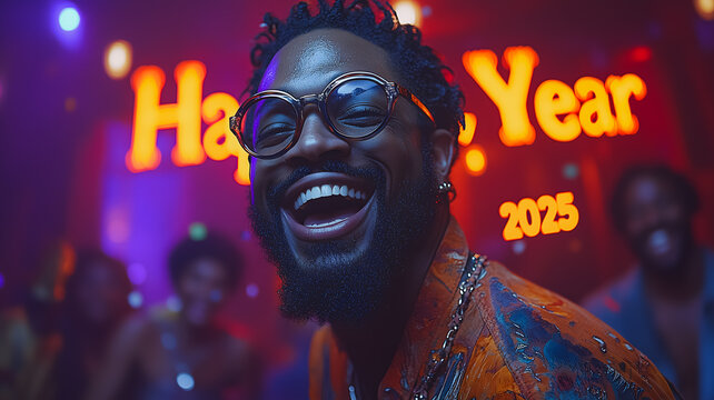 A man is smiling and wearing glasses in front of a sign that says Happy New Year 2025. The image has a festive and celebratory mood, as it is likely a party or gathering for the new year