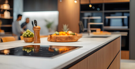 A kitchen counter with a stove top and a bowl of fruit
